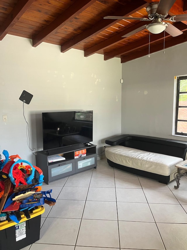 9940 SW 48th St, Miami, FL 33165 - living area featuring a wooden ceiling with exposed beams, light tile patterned flooring, and a ceiling fan