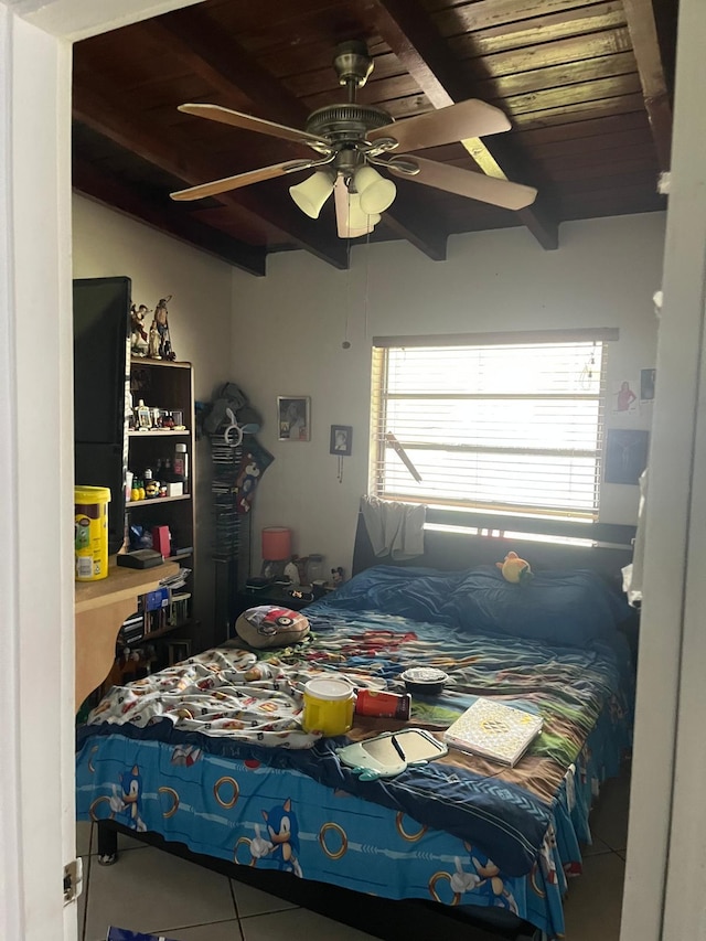 9940 SW 48th St, Miami, FL 33165 - bedroom with multiple windows, tile patterned floors, a wood ceiling with exposed beams, and a ceiling fan