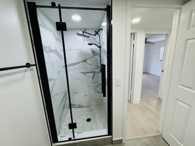 970 Normandy U, Delray Beach, FL 33484 - bathroom with a marble finish shower, wood finished floors, and ceiling fan