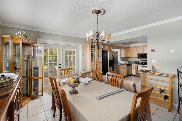2860 Sheriff Way, Winter Park, FL 32792 - dining space featuring french doors, light tile patterned flooring, ornamental molding, a chandelier, and a textured ceiling
