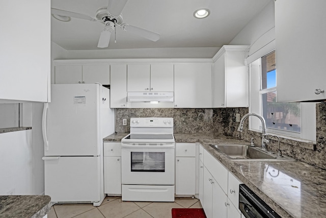 9700 Sunrise Lakes Blvd Unit 305, Sunrise, FL 33322 - kitchen featuring white appliances, under cabinet range hood, light tile patterned flooring, white cabinetry, and ceiling fan