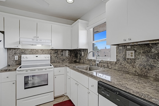 9700 Sunrise Lakes Blvd Unit 305, Sunrise, FL 33322 - kitchen featuring white electric stove, under cabinet range hood, dishwasher, tasteful backsplash, and white cabinets