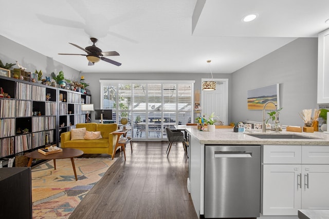 274 Murray Ct, Jupiter, FL 33458 - kitchen featuring dishwasher, white cabinets, wood finished floors, a ceiling fan, and recessed lighting