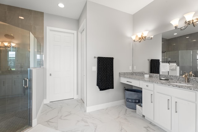 12136 SW Fortezza Way, Port Saint Lucie, FL 34987 - bathroom featuring marble finish floors, vanity, a stall shower, recessed lighting, and a chandelier
