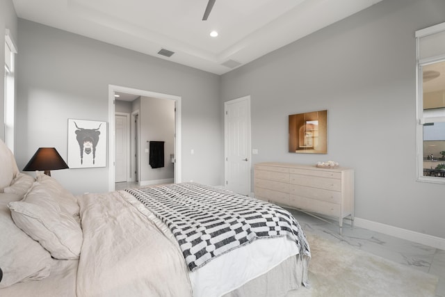 12136 SW Fortezza Way, Port Saint Lucie, FL 34987 - bedroom with recessed lighting, marble finish floors, ceiling fan, and a tray ceiling