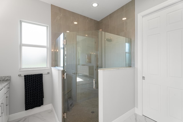 12136 SW Fortezza Way, Port Saint Lucie, FL 34987 - full bath featuring marble finish flooring, vanity, a shower stall, and recessed lighting