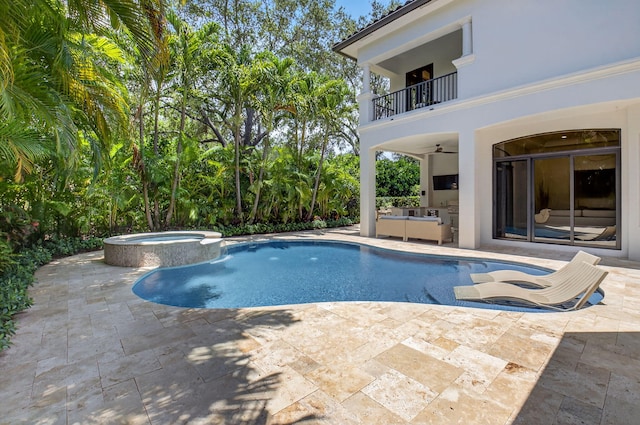 17865 Monte Vista Dr, Boca Raton, FL 33496 - view of swimming pool with ceiling fan, a patio, a pool with connected hot tub, and an outdoor living space