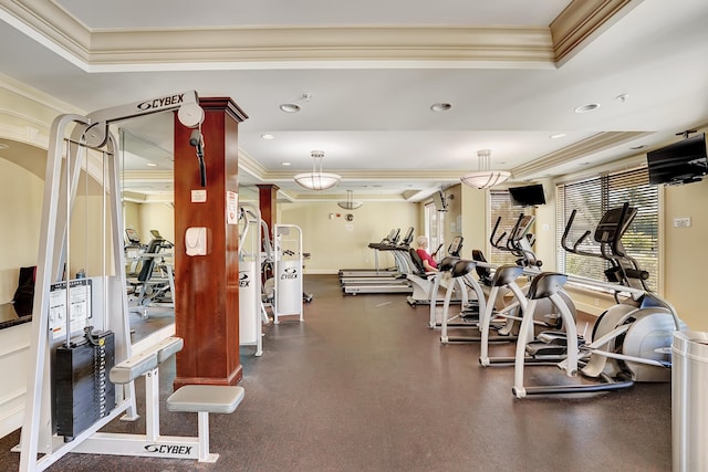 804 E Windward Way Unit 606, Lantana, FL 33462 - exercise room with a raised ceiling, ornamental molding, and recessed lighting