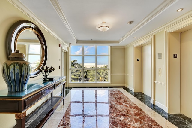 804 E Windward Way Unit 606, Lantana, FL 33462 - hallway with marble tiled flooring, elevator, inlaid floor details, crown molding, and a tray ceiling