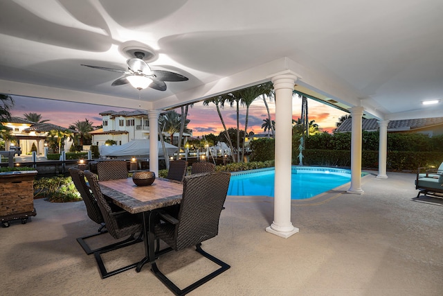 4220 NE 24th Ave, Lighthouse Point, FL 33064 - outdoor pool with ceiling fan, a patio, and outdoor dining space
