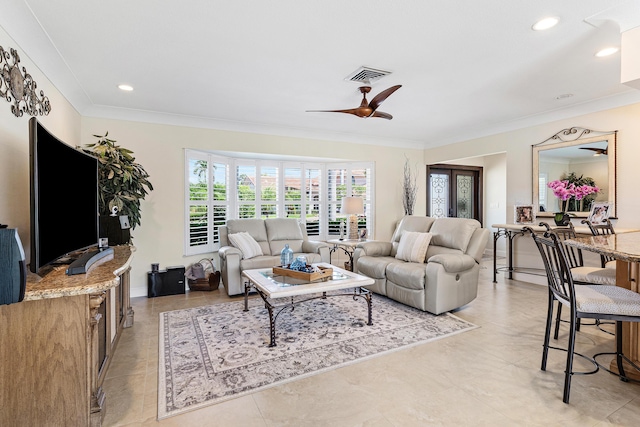 4220 NE 24th Ave, Lighthouse Point, FL 33064 - living area with ceiling fan, ornamental molding, and recessed lighting