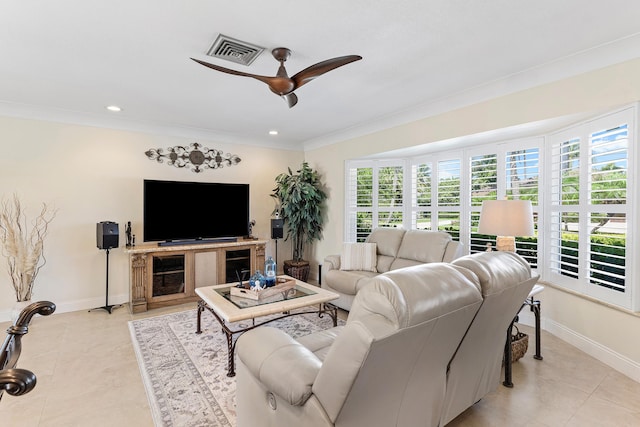 4220 NE 24th Ave, Lighthouse Point, FL 33064 - living area with a ceiling fan, crown molding, light tile patterned floors, and recessed lighting