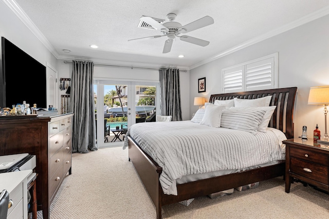 4220 NE 24th Ave, Lighthouse Point, FL 33064 - bedroom featuring ornamental molding, access to outside, light colored carpet, french doors, and recessed lighting