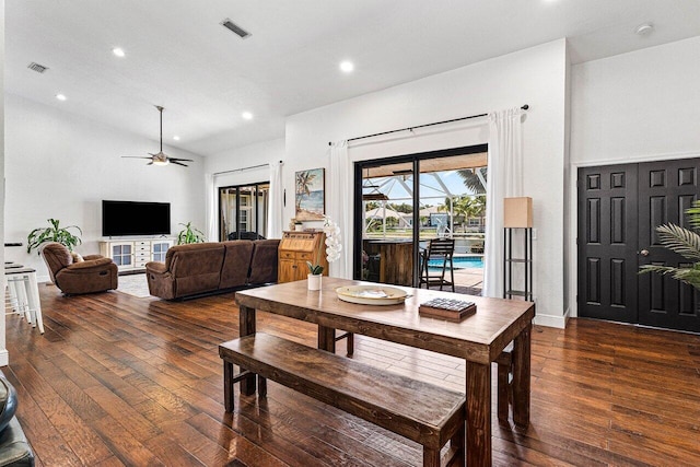 5336 NW 57th Way, Coral Springs, FL 33067 - dining area with hardwood / wood-style floors, recessed lighting, ceiling fan, and vaulted ceiling