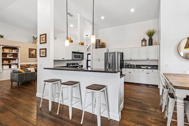 5336 NW 57th Way, Coral Springs, FL 33067 - kitchen with stainless steel appliances, high vaulted ceiling, dark countertops, a peninsula, and dark wood-style floors
