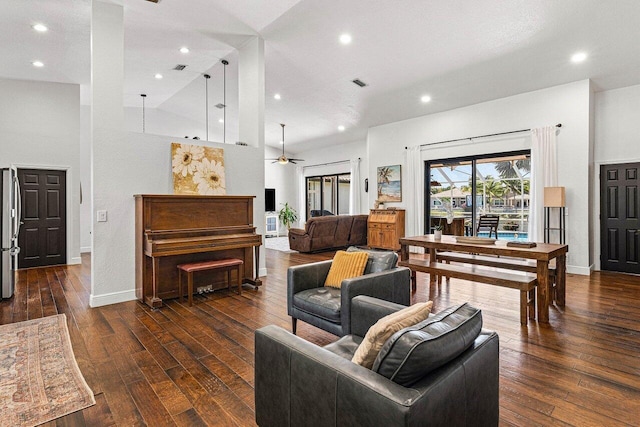 5336 NW 57th Way, Coral Springs, FL 33067 - living room featuring high vaulted ceiling, wood finished floors, recessed lighting, and a ceiling fan