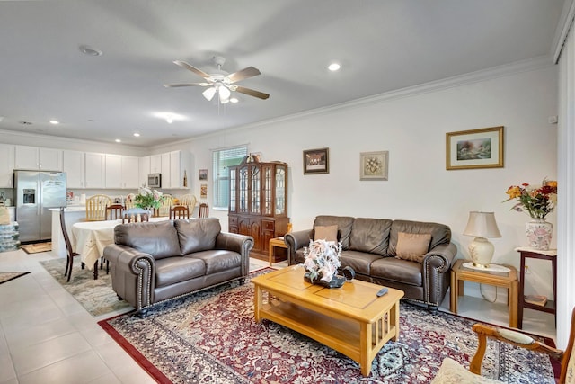 556 SE Mulberry Way, Port Saint Lucie, FL 34984 - living room featuring crown molding, ceiling fan, recessed lighting, and light tile patterned flooring