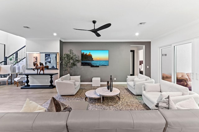 4112 Italia Way, Lake Worth, FL 33467 - living room with wood finished floors, ceiling fan, recessed lighting, and crown molding