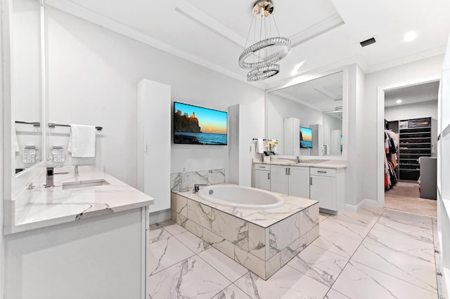 4112 Italia Way, Lake Worth, FL 33467 - full bathroom with a bath, vanity, crown molding, a walk in closet, and marble finish floors