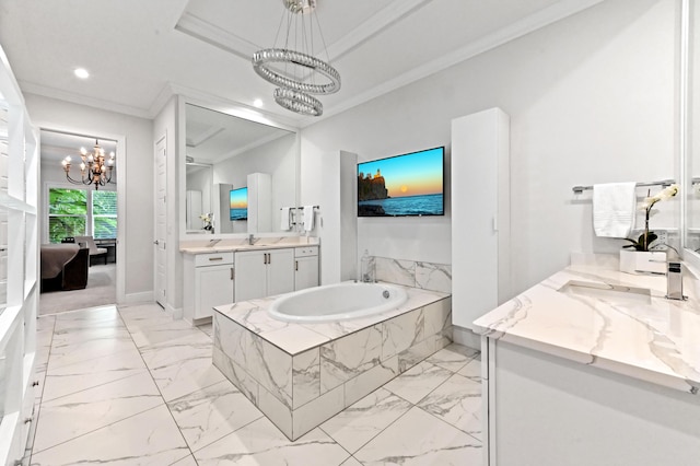 4112 Italia Way, Lake Worth, FL 33467 - ensuite bathroom with a chandelier, two vanities, a bath, ornamental molding, and marble look tile flooring