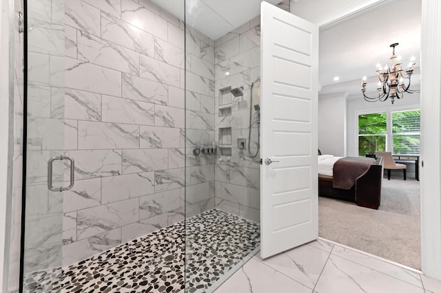 4112 Italia Way, Lake Worth, FL 33467 - ensuite bathroom with marble look tiles, a shower stall, a chandelier, and recessed lighting