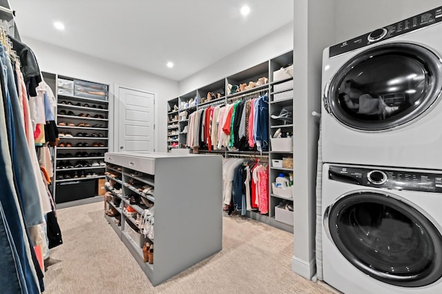 4112 Italia Way, Lake Worth, FL 33467 - laundry room featuring estacked washer and dryer, carpet, and recessed lighting