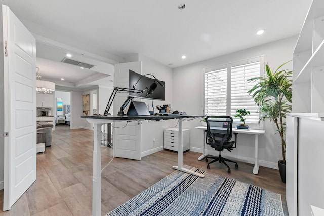 4112 Italia Way, Lake Worth, FL 33467 - office area featuring light wood-style flooring, recessed lighting, and a chandelier