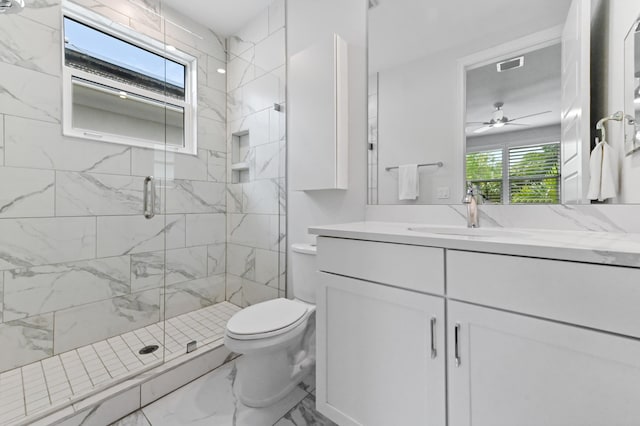 4112 Italia Way, Lake Worth, FL 33467 - full bathroom with vanity, marble finish floors, a marble finish shower, and a ceiling fan