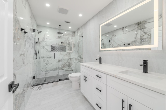 2058 SE Watercrest St, Port Saint Lucie, FL 34984 - bathroom featuring a marble finish shower, recessed lighting, double vanity, and marble finish floors