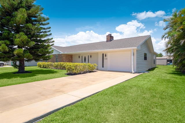 2058 SE Watercrest St, Port Saint Lucie, FL 34984 - ranch-style home featuring a garage, a front lawn, a chimney, concrete driveway, and a shingled roof