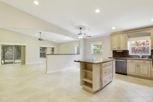 1466 Artimino Ln, Boynton Beach, FL 33436 - kitchen featuring ceiling fan, light brown cabinets, stainless steel dishwasher, dark stone countertops, and recessed lighting