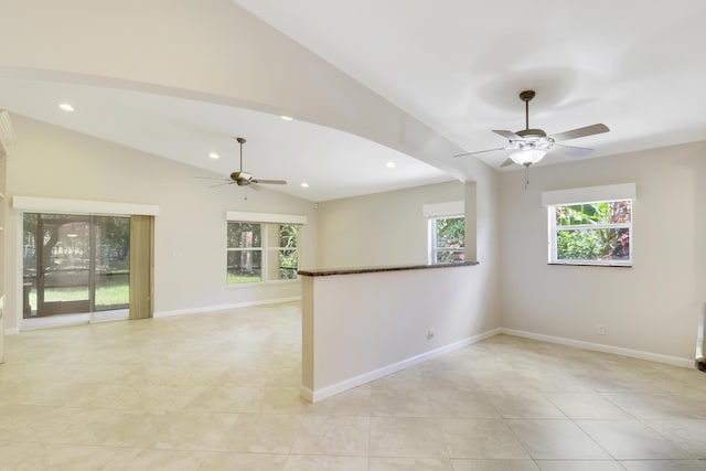 1466 Artimino Ln, Boynton Beach, FL 33436 - unfurnished room featuring a ceiling fan, vaulted ceiling, recessed lighting, and light tile patterned floors