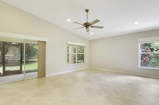 1466 Artimino Ln, Boynton Beach, FL 33436 - spare room featuring plenty of natural light, a ceiling fan, vaulted ceiling, recessed lighting, and light tile patterned floors