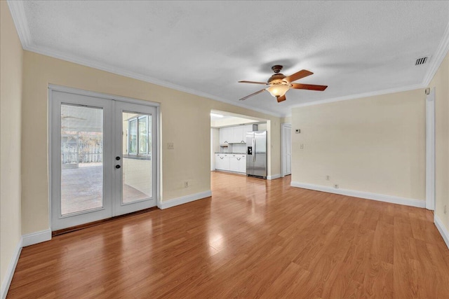 11061 NW 45th St, Coral Springs, FL 33065 - unfurnished living room with french doors, crown molding, light wood-style floors, and a ceiling fan
