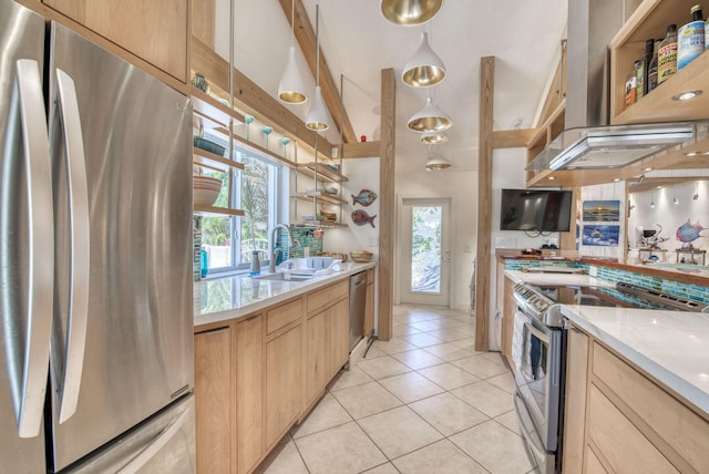 116 Dunes Edge Rd, Jupiter, FL 33477 - kitchen with stainless steel appliances, wall chimney range hood, open shelves, light brown cabinetry, and light countertops