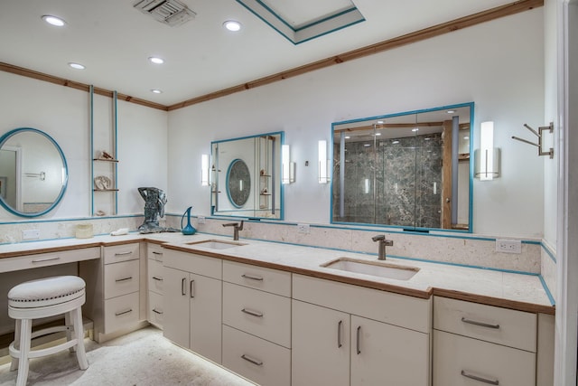 116 Dunes Edge Rd, Jupiter, FL 33477 - full bathroom with ornamental molding, a shower stall, double vanity, and recessed lighting