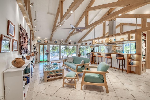 116 Dunes Edge Rd, Jupiter, FL 33477 - living room with high vaulted ceiling, beam ceiling, a ceiling fan, and light tile patterned flooring