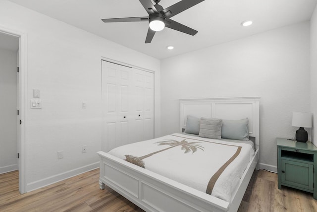 346 Hernando St, Hutchinson Island, FL 34949 - bedroom featuring light wood finished floors, a closet, ceiling fan, and recessed lighting