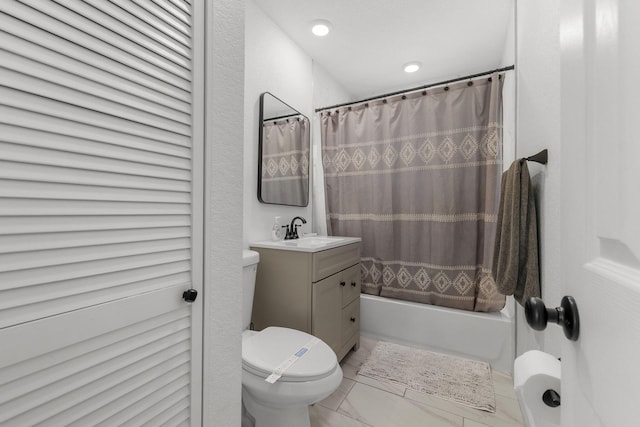 346 Hernando St, Hutchinson Island, FL 34949 - bathroom featuring vanity, shower / bath combination with curtain, recessed lighting, and marble finish flooring