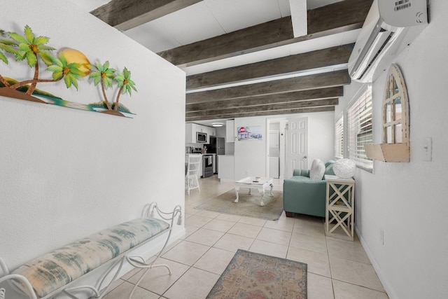 346 Hernando St, Hutchinson Island, FL 34949 - hall featuring beamed ceiling, light tile patterned flooring, and a wall mounted AC