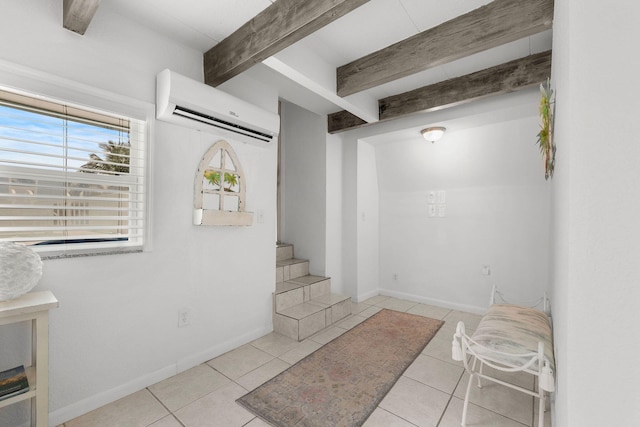 346 Hernando St, Hutchinson Island, FL 34949 - foyer entrance with a wall mounted air conditioner, beamed ceiling, tile patterned flooring, and stairway