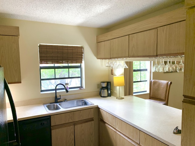 101 Liberty Ct, Deerfield Beach, FL 33442 - kitchen featuring black dishwasher, light countertops, a textured ceiling, light brown cabinetry, and a peninsula