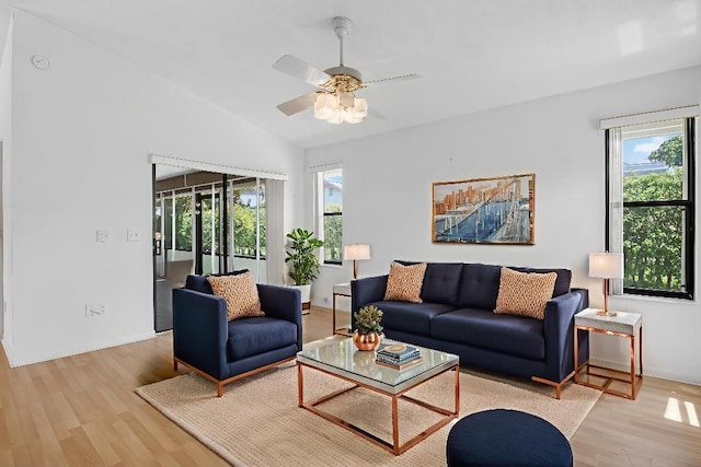 2915 NW 14th St, Delray Beach, FL 33445 - living room featuring wood finished floors, vaulted ceiling, and ceiling fan