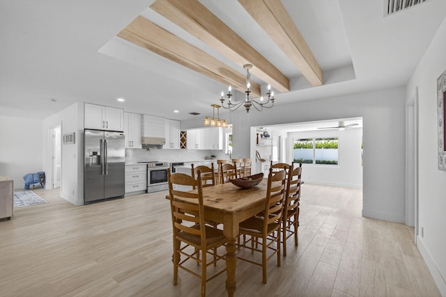 131 Cruiser Rd S, North Palm Beach, FL 33408 - dining area featuring a chandelier, light wood-style floors, recessed lighting, ceiling fan, and beamed ceiling
