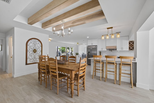 131 Cruiser Rd S, North Palm Beach, FL 33408 - dining area featuring light wood-style flooring, a chandelier, beamed ceiling, a ceiling fan, and recessed lighting