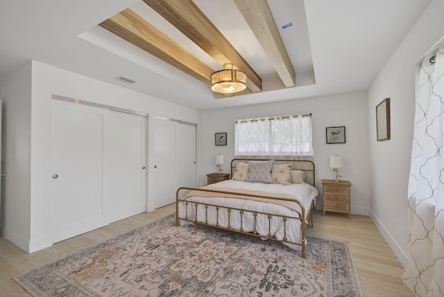 131 Cruiser Rd S, North Palm Beach, FL 33408 - bedroom featuring multiple closets, light wood-type flooring, and a tray ceiling