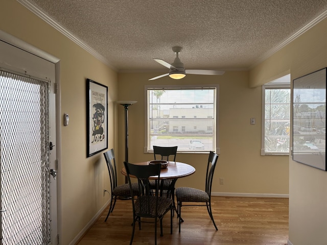 313 Normandy Unit G, Delray Beach, FL 33484 - dining area with wood finished floors, a ceiling fan, a textured ceiling, and crown molding