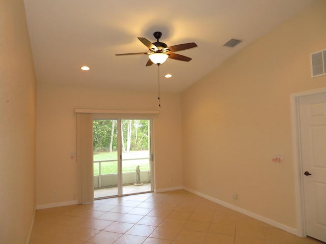 2357 Windjammer Way, West Palm Beach, FL 33411 - spare room featuring ceiling fan, vaulted ceiling, light tile patterned floors, and recessed lighting