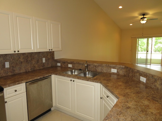 2357 Windjammer Way, West Palm Beach, FL 33411 - kitchen featuring stainless steel dishwasher, ceiling fan, tasteful backsplash, white cabinetry, and recessed lighting