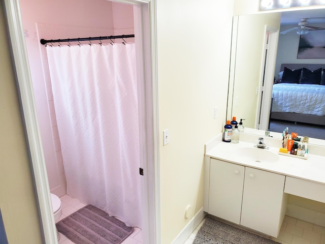 871 NW 208th Cir, Pembroke Pines, FL 33029 - bathroom featuring vanity, ceiling fan, a shower with shower curtain, connected bathroom, and tile patterned flooring